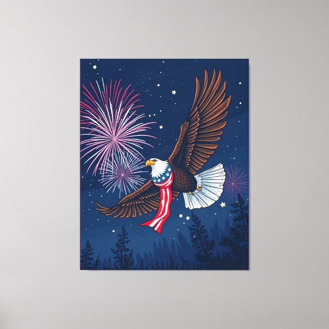 Impressão Em Tela Flying Bald Eagle with USA Flag Scarf & Fireworks (Frente)