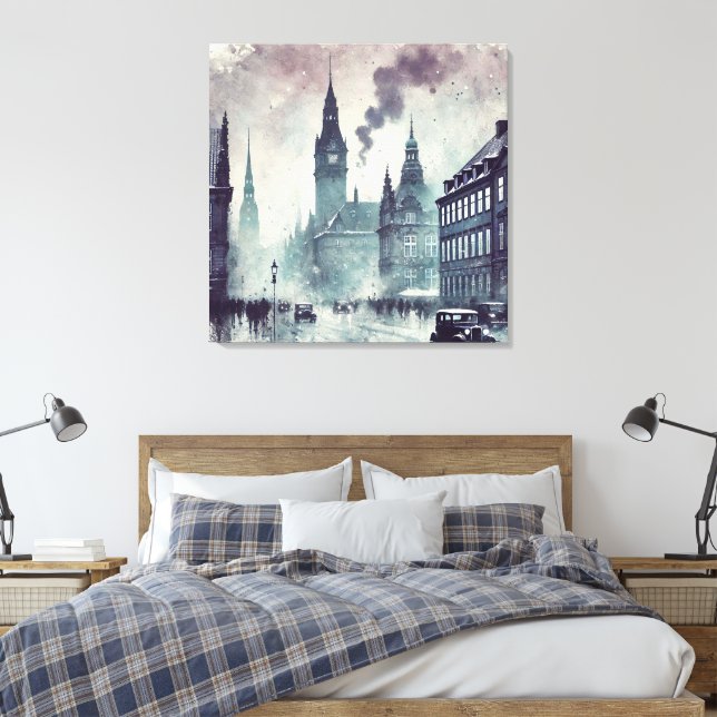 Impressão Em Tela Foggy Urban Scense Building, Catedral, Carro vinta (Insitu(Quarto))
