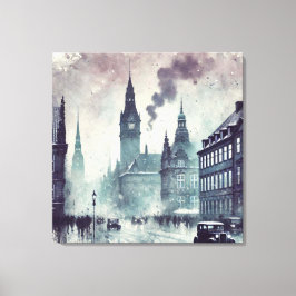 Impressão Em Tela Foggy Urban Scense Building, Catedral, Carro vinta