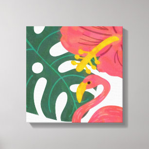 Impressão Em Tela Folha Tropical, Flor de Hibisco & Flamingo