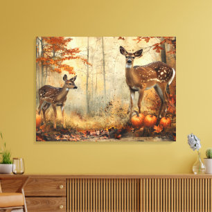 Impressão Em Tela Folhagem de outono de Vintage Deer e Fawn 32x24