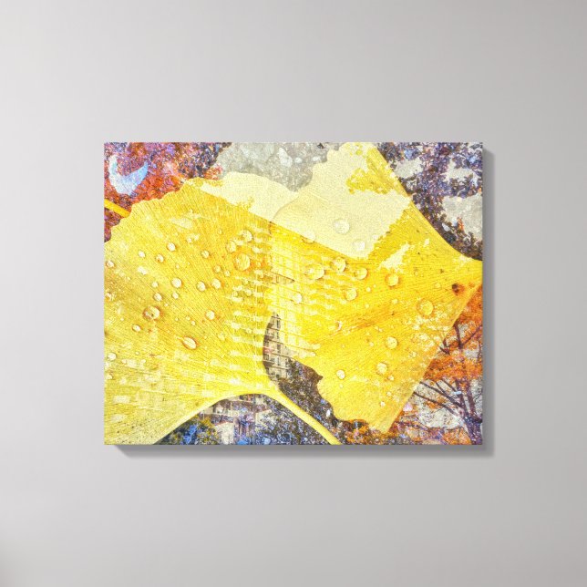 Impressão Em Tela Folhas de Gingko e paisagem urbana (Frente)