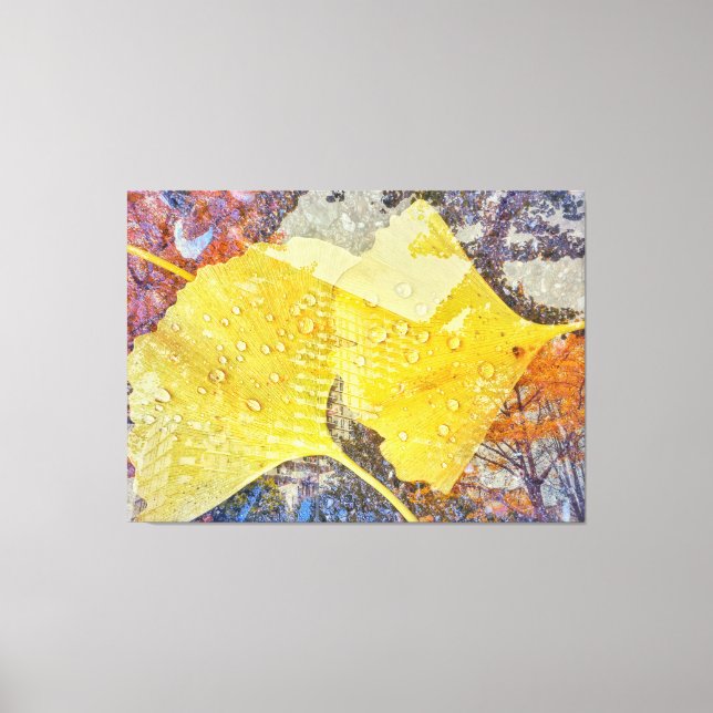Impressão Em Tela Folhas de Gingko e paisagem urbana (Frente)