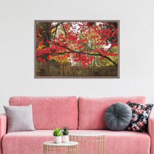Impressão Em Tela Folhas Vermelhas de Bordo e Foto de Cerca de Bambu