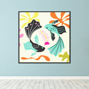 Impressão Em Tela Folkart Boho Peças Peixes Abstrato Zodiac