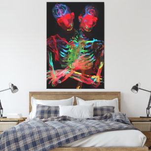 Impressão Em Tela Fusão de Arte com Abraço de Esqueleto de Neon