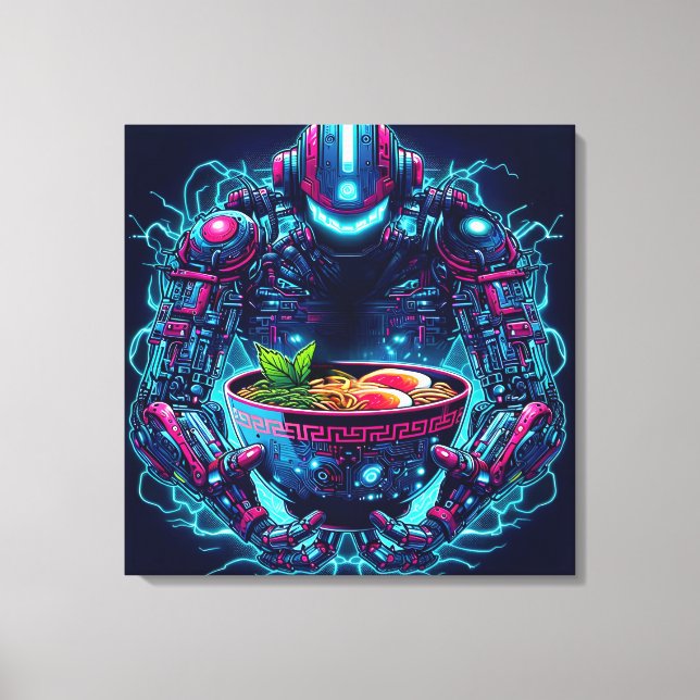 Impressão Em Tela Futuristic Cyberpunk Robot Neon Food Ramen (Frente)