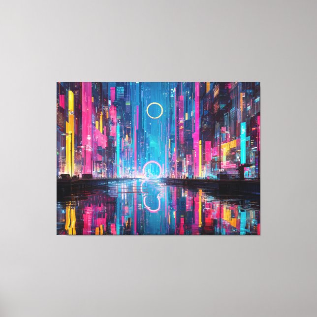 Impressão Em Tela Futuristic Vibrant Neon Night Cityscape (Frente)