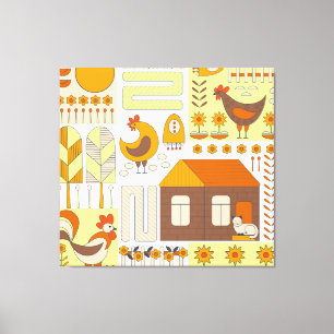 Impressão Em Tela Galo, galinhas, desenho floral geométrico.