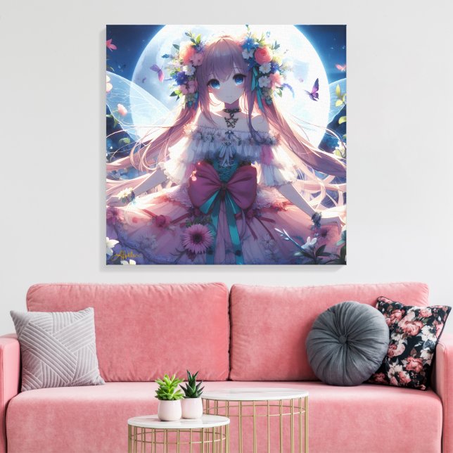 Impressão Em Tela Garota Anime Flor Lua Fada (Insitu(Sala de estar))