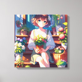 Impressão Em Tela Garota de Animação Bonita segurando uma Planta