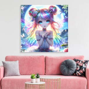 Impressão Em Tela Garota de Anime Cabelo Arco-íris Cantando Fada da