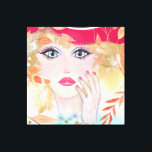 Impressão Em Tela Garota Whimsical em Folhas na Mão do Chapéu<br><div class="desc">Uma pintura colorida desenhada do rosto de uma garota branca com grandes olhos abertos e mão tocando seu rosto com cabelo de ouro,  chapéu rosa e folhas.</div>