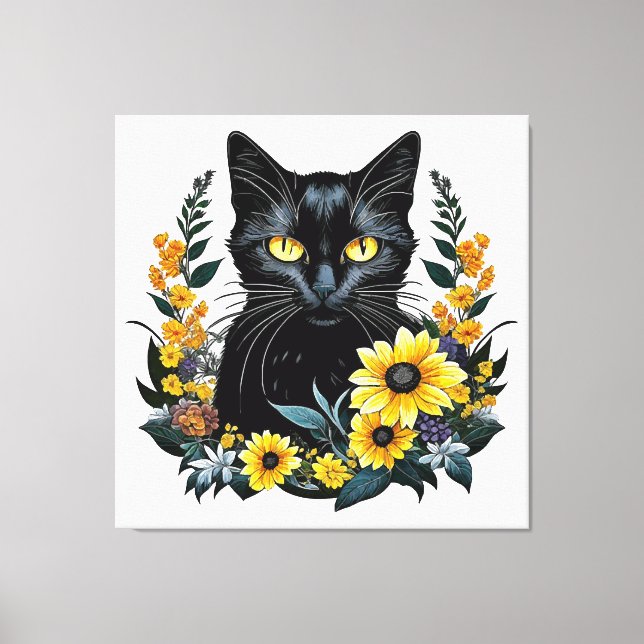 Impressão Em Tela gata preta com flores (Frente)