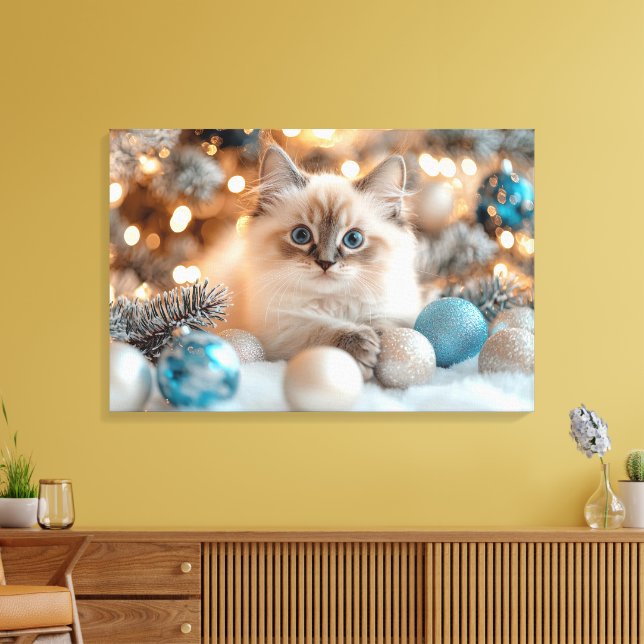 Impressão Em Tela Gatinho Branco Bonito Celebrando o Natal (Insitu(Sala de estar))