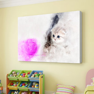 Impressão Em Tela Gatinho brincando com uma bola de fio rosa aquarel