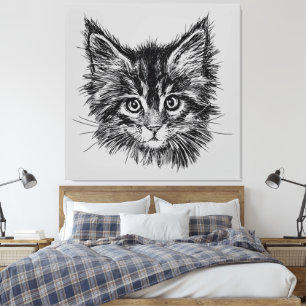Impressão Em Tela Gatinho preto e branco rosto de Cinza