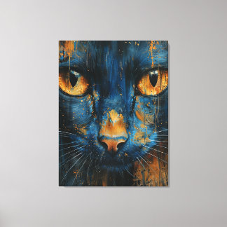 Impressão Em Tela Gato Azul e Dourado Retrato Felino Abstrato Modern