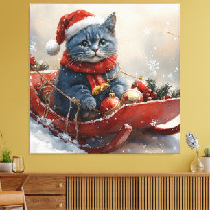 Impressão Em Tela Gato Azul Oriental em Trenó Deixe Nevar Natal
