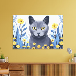 Impressão Em Tela Gato Azul Russo Flores Amarelas