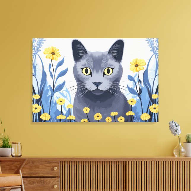 Impressão Em Tela Gato Azul Russo Flores Amarelas (Insitu(Sala de estar))