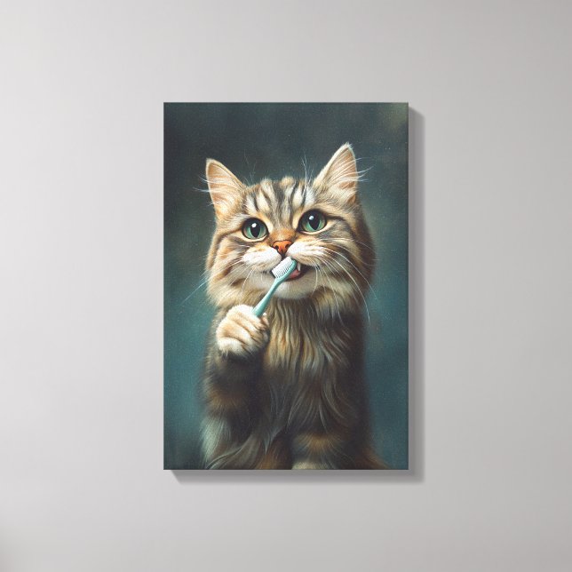 Impressão Em Tela Gato bonito com escova de dentes perfeito para ban (Frente)