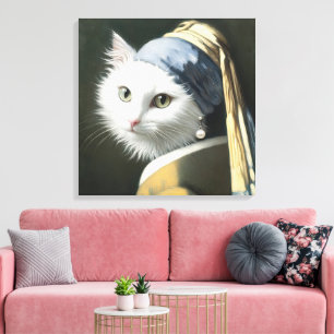 Impressão Em Tela Gato Branco Com um Brinco de Pérola