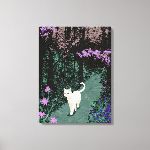Impressão Em Tela Gato Branco em um Caminho da Floresta Antiga