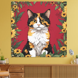 Impressão Em Tela Gato Calico de Maryland e Flores de Susana de Olho