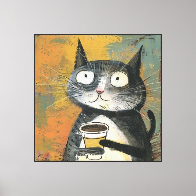 Impressão Em Tela Gato Cinza com Café sobre Ocre (Frente)