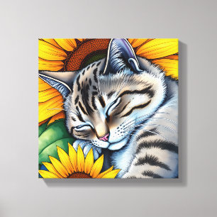 Impressão Em Tela Gato Cinza Doce Adormecido e Girassol