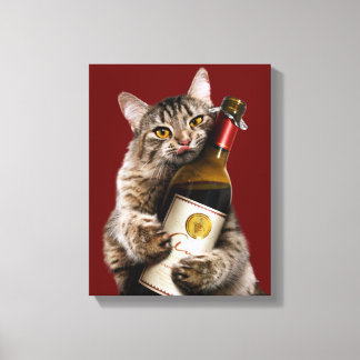 Impressão Em Tela Gato Com Garrafa De Vinho