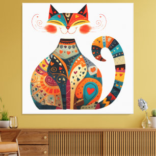 Impressão Em Tela Gato de Arte Popular Colorida