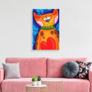 Impressão Em Tela Gato de Cartoon Colorido Bonito Grande Coração