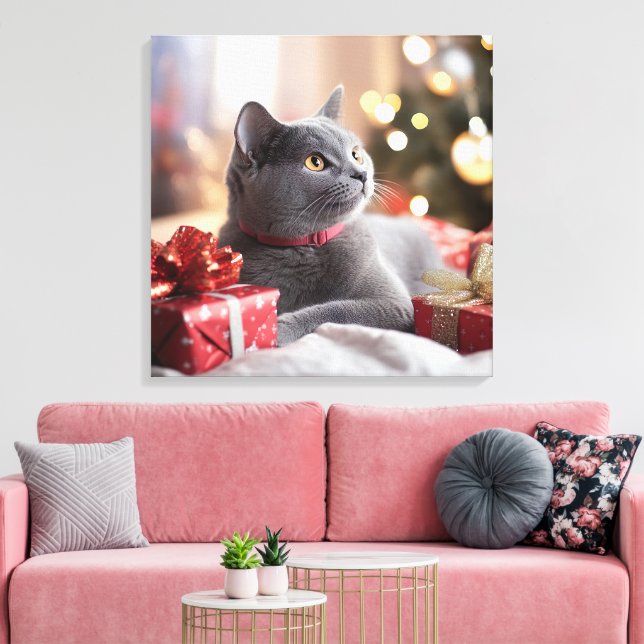Impressão Em Tela Gato de Cinza Bonita Celebrando o Natal (Insitu(Sala de estar))