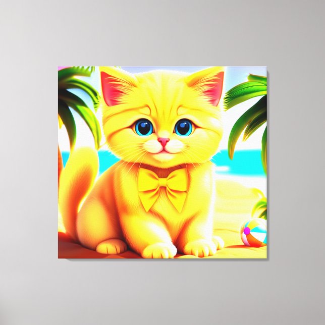 Impressão Em Tela Gato de Gatinho Bonito na Praia (Frente)