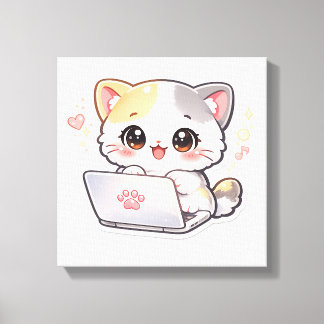 Impressão Em Tela Gato de Laptop Kawaii Fofo Adesivo | Adorável Chib