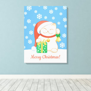 Impressão Em Tela Gato de Natal Branco num Chapéu Vermelho