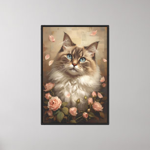 Impressão Em Tela Gato de Olhos Azuis com Rosas – Floral Elegante