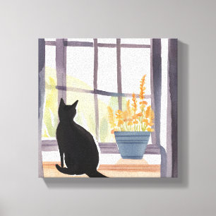 Impressão Em Tela Gato em Windowsill   Silhouette Watercolor