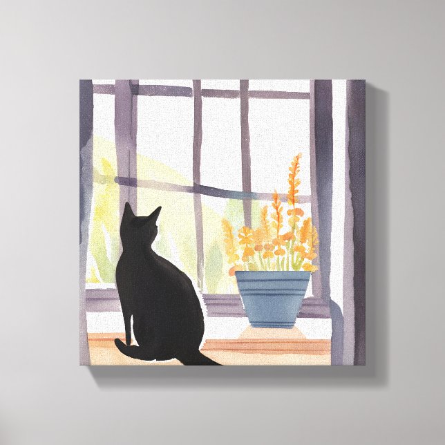Impressão Em Tela Gato em Windowsill | Silhouette Watercolor (Frente)