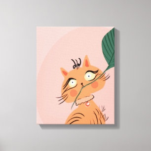Impressão Em Tela Gato Engraçado Folha de Planta Cartoon