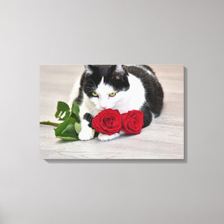 Impressão Em Tela Gato fofo com a rosa vermelha