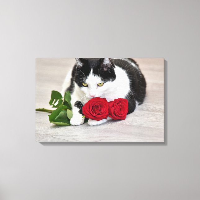 Impressão Em Tela Gato fofo com a rosa vermelha (Frente)