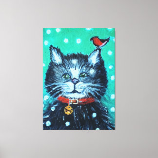 Impressão Em Tela Gato Fofo de Pintura a Óleo com Saudação de Natal