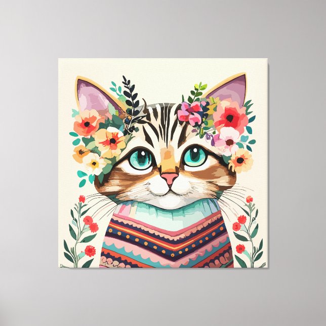 Impressão Em Tela Gato Fofo Floral Aquarela (Frente)
