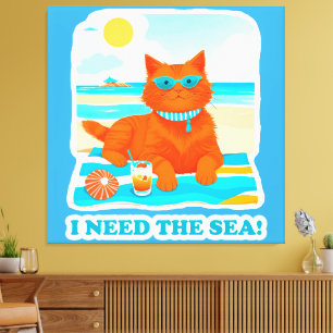 Impressão Em Tela Gato Ginge na Praia Preciso do Mar Verão