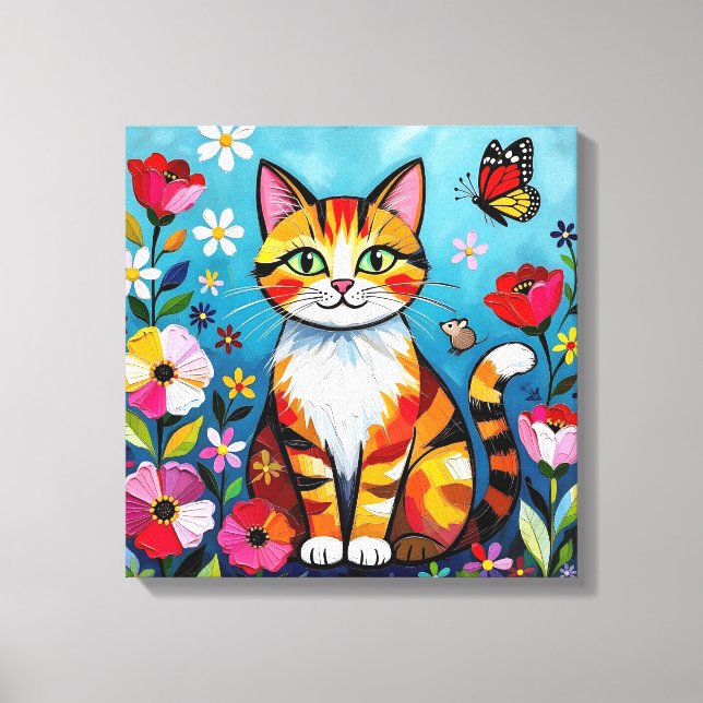 Impressão Em Tela Gato Impasto, Flores & Borboleta (Frente)