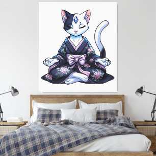 Impressão Em Tela Gato Místico Meditando em Quimono Floral