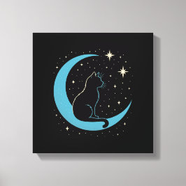 Impressão Em Tela Gato Místico no Céu Noturno da Lua Azul